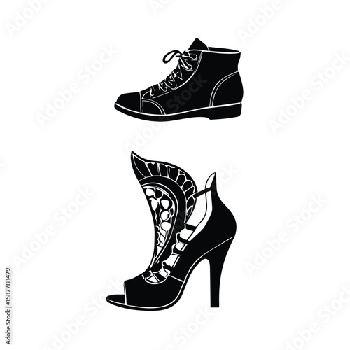 Female fashion footwear illustration, high heeled shoes and sneakers. Silhouette illustration of stylish footwear with decorative details.