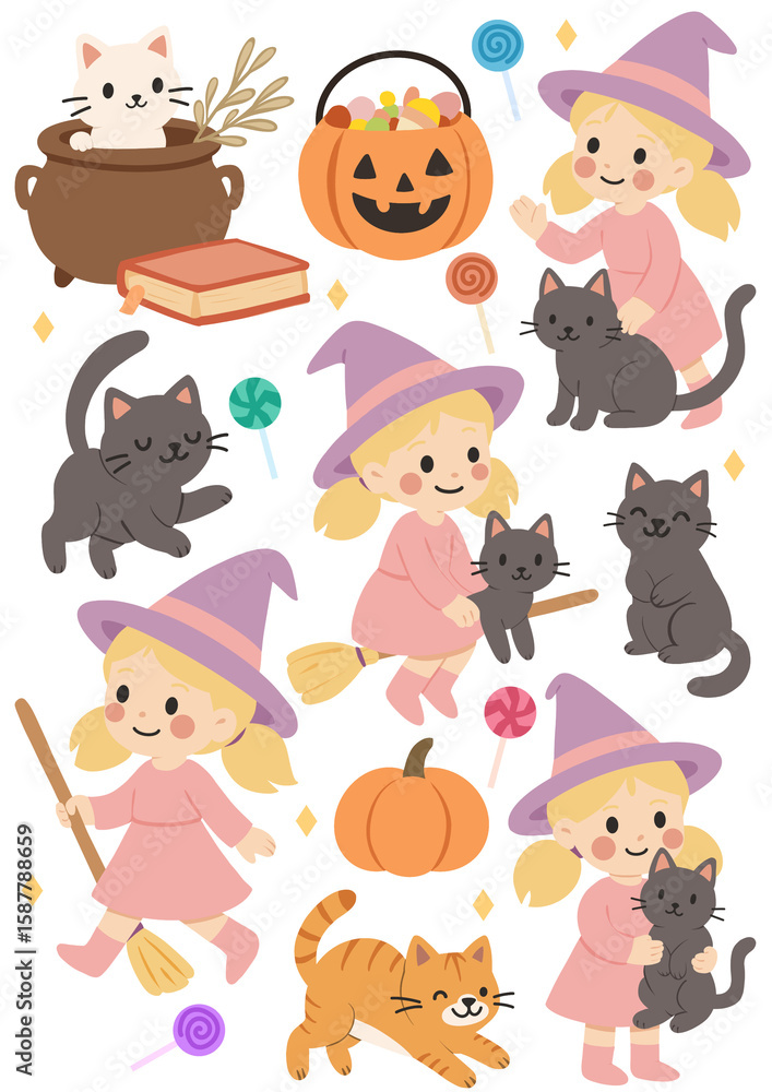 Fototapeta premium Halloween Witch Girl with Cats and Candy – Sticker Set