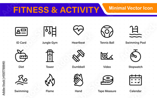 Fitness and activity icon set. Collection of strength training, cardio, stretching, sports ball, stopwatch, and nutrition line icons.