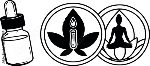 "Essential Oil and Wellness Icon Set – Dropper Bottle, Aromatherapy Candle, and Meditation Symbols in Line Art Style"