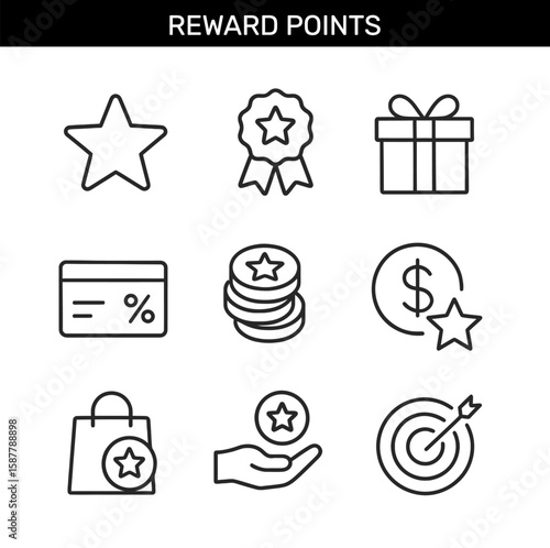 Set of reward points outline icons with star, badge, gift, coin, discount card, money, shopping bag, hand, and target