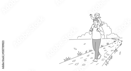  Father carrying daughter on shoulders walking on park path sketch