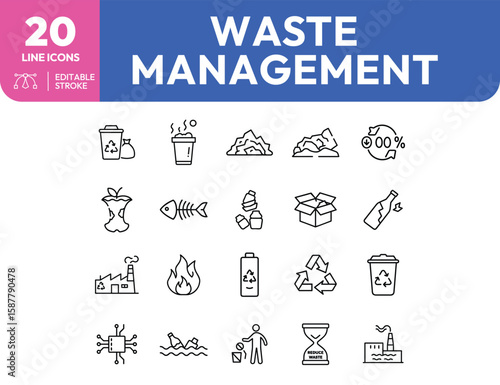 Waste management and recycling editable stroke line icon set Includes garbage pollution and ecology symbols.
