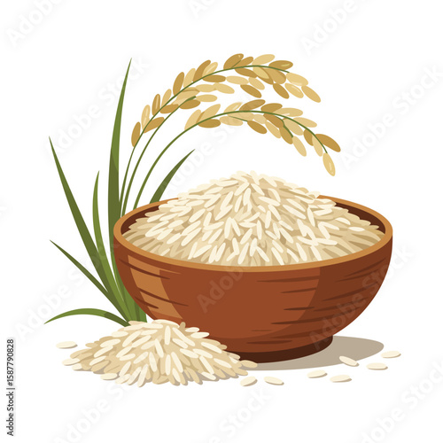 Brown Rice in Wooden Bowl with Rice Plants