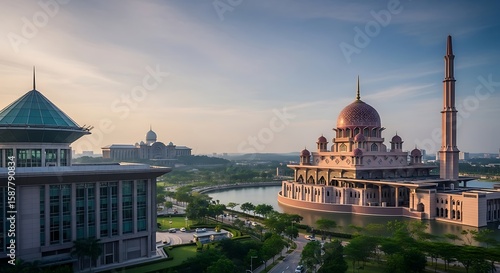 Magnificent Putra Mosque and architecture in Putrajaya, Malaysia at dawn captures serene beauty of