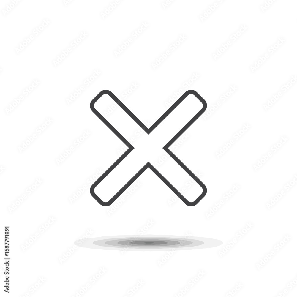Obraz premium A simple, outlined X mark symbol in dark gray, casting a soft shadow on a white background.
