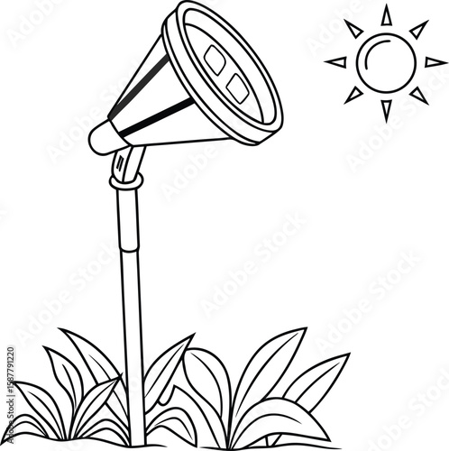 Garden spotlight design emits bright light near grass and sun graphic.