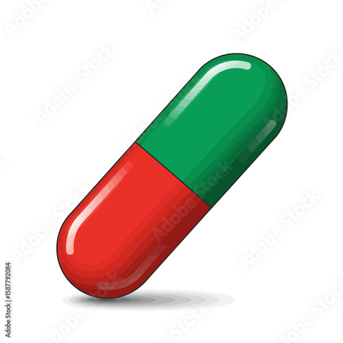 A single capsule pill, half red and half green, lying on a white surface with a soft shadow.