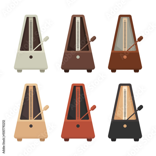 Collection of six colorful metronomes arranged in two rows on a white background
