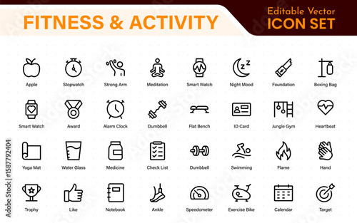 Fitness and activity icon set. Collection of strength training, cardio, stretching, sports ball, stopwatch, and nutrition line icons.