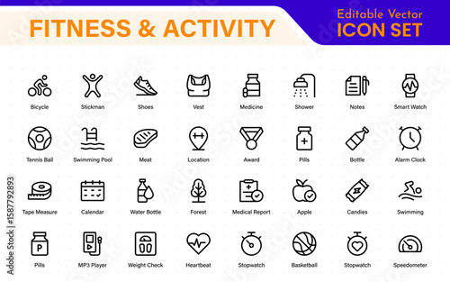 Fitness and activity icon set. Collection of strength training, cardio, stretching, sports ball, stopwatch, and nutrition line icons.