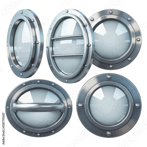 Collection of five metallic porthole windows with glass and bolted frames