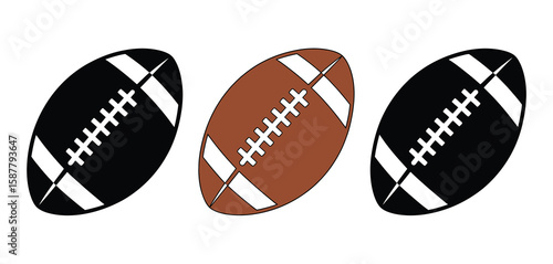 Three american footballs in a row black and brown colors