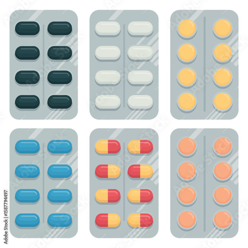 Collection of six different blister packs containing various colored pills and capsules