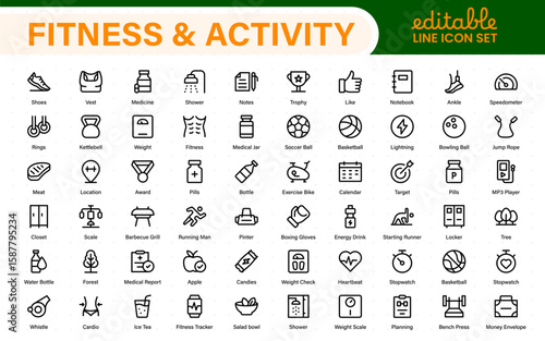 Fitness and activity icon set. Collection of strength training, cardio, stretching, sports ball, stopwatch, and nutrition line icons.