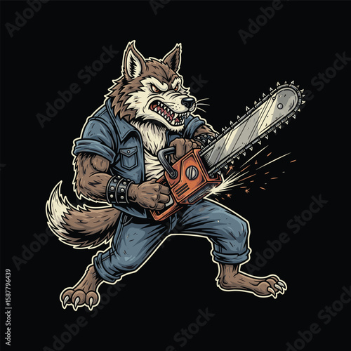 Wolf Mechanic Fixing Chainsaw Illustration