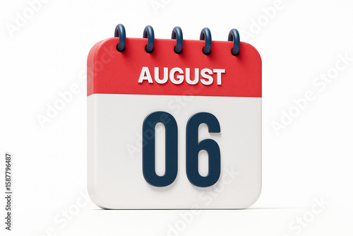 Calendar Icon Illustrating August 6th Date Reminder with Red Top and White Bottom on Clean White Background in 3D Rendering