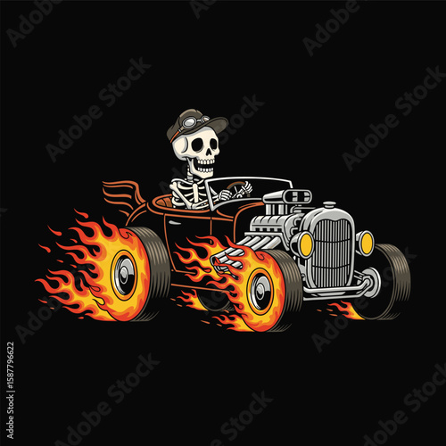 Skeletons Drive Burning Car Illustration
