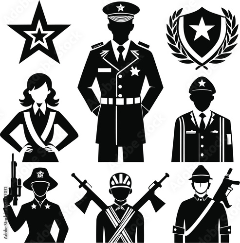 Cartoon vector illustration of a soldier or police officer in uniform with a sword and hat