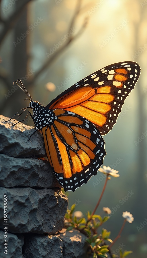 Naklejka premium Monarch Butterfly on Rocks at Sunset