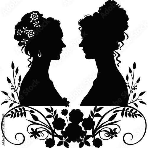 Vintage Female Silhouette Portraits with Floral Ornament – Elegant Victorian Style Clipart