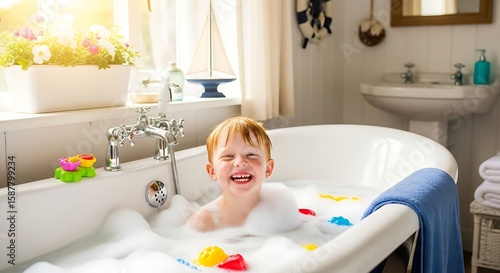 A happy red-haired child is having fun in a bubbly bathtub filled with toys while laughing joyfully