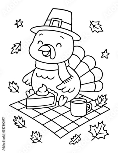 Cute thanksgiving turkey picnic. Kids line art coloring page
