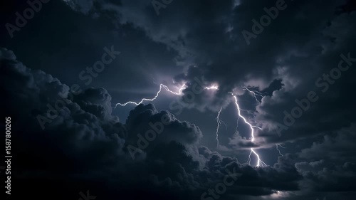 Ominous dark clouds dramatically swirl as lightning bolts flash across the turbulent sky in this captivating and high-definition storm footage creating a powerful scene.