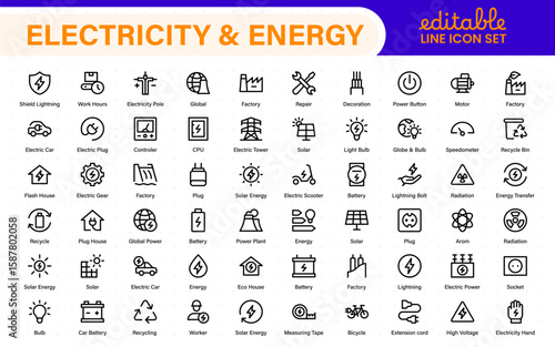 Electricity and energy supply icons. Set of wiring tools, LED lights, socket and switch, extension board, circuit box, and smart electricity meter illustrations.