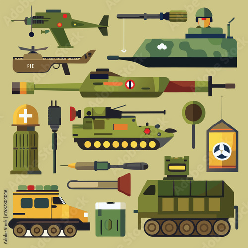 Seamless pattern of cartoon military transport vehicles with tanks, trucks, and cars