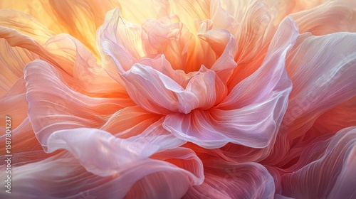 Delicate, flowing fabric in soft peach and blush tones, resembling a vibrant flower