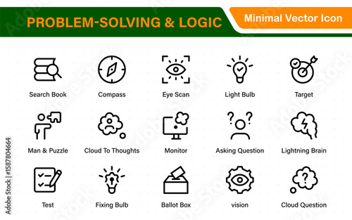 Problem-Solving and Logic Icons in Line Style. Investigate, Deduction, Strategy, Decision-Making, Facts, think, analyze, problem-solving, rational decision-making, collection.