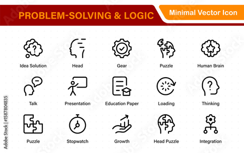 Problem-Solving and Logic Icons in Line Style. Investigate, Deduction, Strategy, Decision-Making, Facts, think, analyze, problem-solving, rational decision-making, collection.
