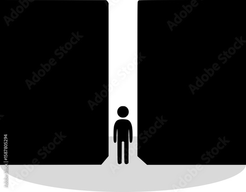 Emotional hopelessness. A human figure is trapped between two heavy black blocks. It symbolizes depression, the pressure of circumstances, the lack of an escape, and a sense of doom.