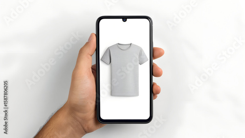 Hand holding smartphone displaying a grey t shirt on a white background