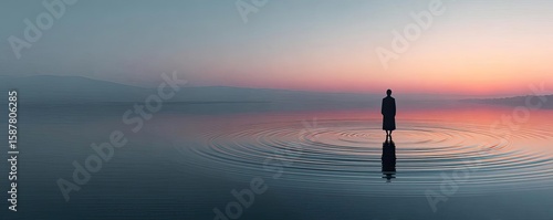 Full presence through mental reset concept. A solitary figure standing in tranquil water at sunrise.