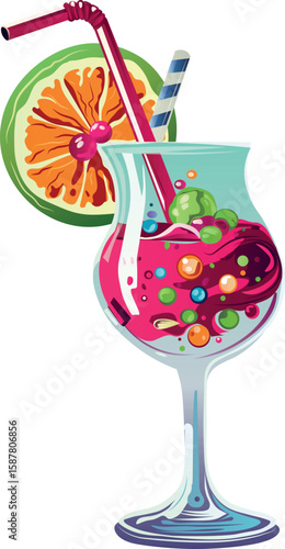 Colorful summer cocktail in a glass with bubbles