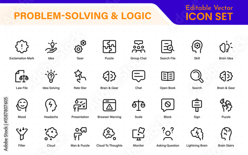 Problem-Solving and Logic Icons in Line Style. Investigate, Deduction, Strategy, Decision-Making, Facts, think, analyze, problem-solving, rational decision-making, collection.