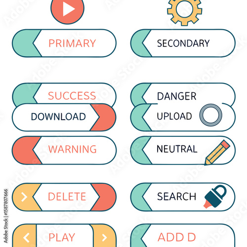 Colorful illustrated buttons for website navigation and user interface design, featuring labels for primary actions success danger and additional options.