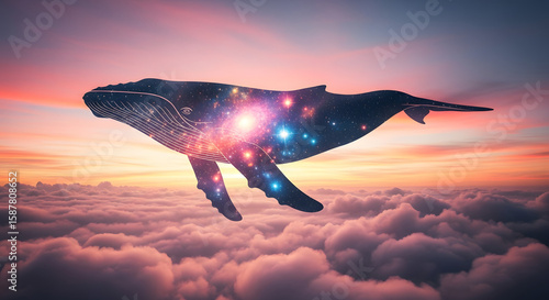 Majestic whale floating above clouds at sunset surreal imagery dreamy environment ethereal viewpoint