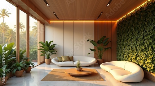 Tropical Futuristic Minimalist Living Room Interior with Smart Eco Design and Natural Light