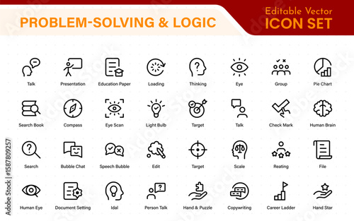 Problem-Solving and Logic Icons in Line Style. Investigate, Deduction, Strategy, Decision-Making, Facts, think, analyze, problem-solving, rational decision-making, collection.