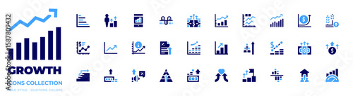 Growth icon collection. Bold style. Duotone colors. benefits, graph, increase, money, success, stats, improve, analysis, bar chart, interest, megaphone