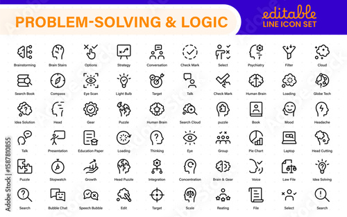 Problem-Solving and Logic Icons in Line Style. Investigate, Deduction, Strategy, Decision-Making, Facts, think, analyze, problem-solving, rational decision-making, collection.