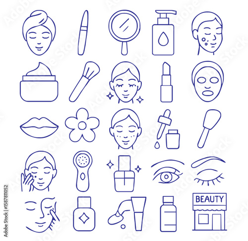 A collection of 20 minimalist black and white outline icons representing modern facial beauty and skincare concepts. This set features clean line art of facial treatments, cosmetic tools