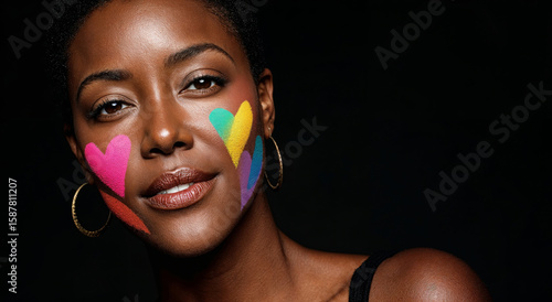 Young black woman with colorful hearts painted with Holi powder on face against dark background  