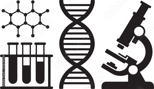 Black-and-White Science Icons Featuring Benzene Chemical Structure, DNA Double Helix, and Microscope for Biology and Chemistry Concepts