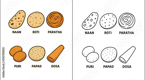 Vector Set of Indian Breads – Naan, Roti, Paratha, and Puri  Food Illustrations