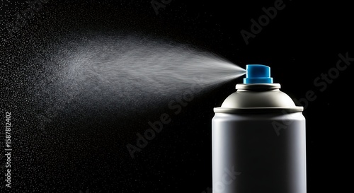 Aerosol spray can with blue nozzle in action against a dark background exhibiting fine mist for