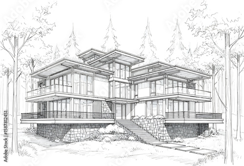 Architectural sketch of a modern multi story house with large glass windows and balconies